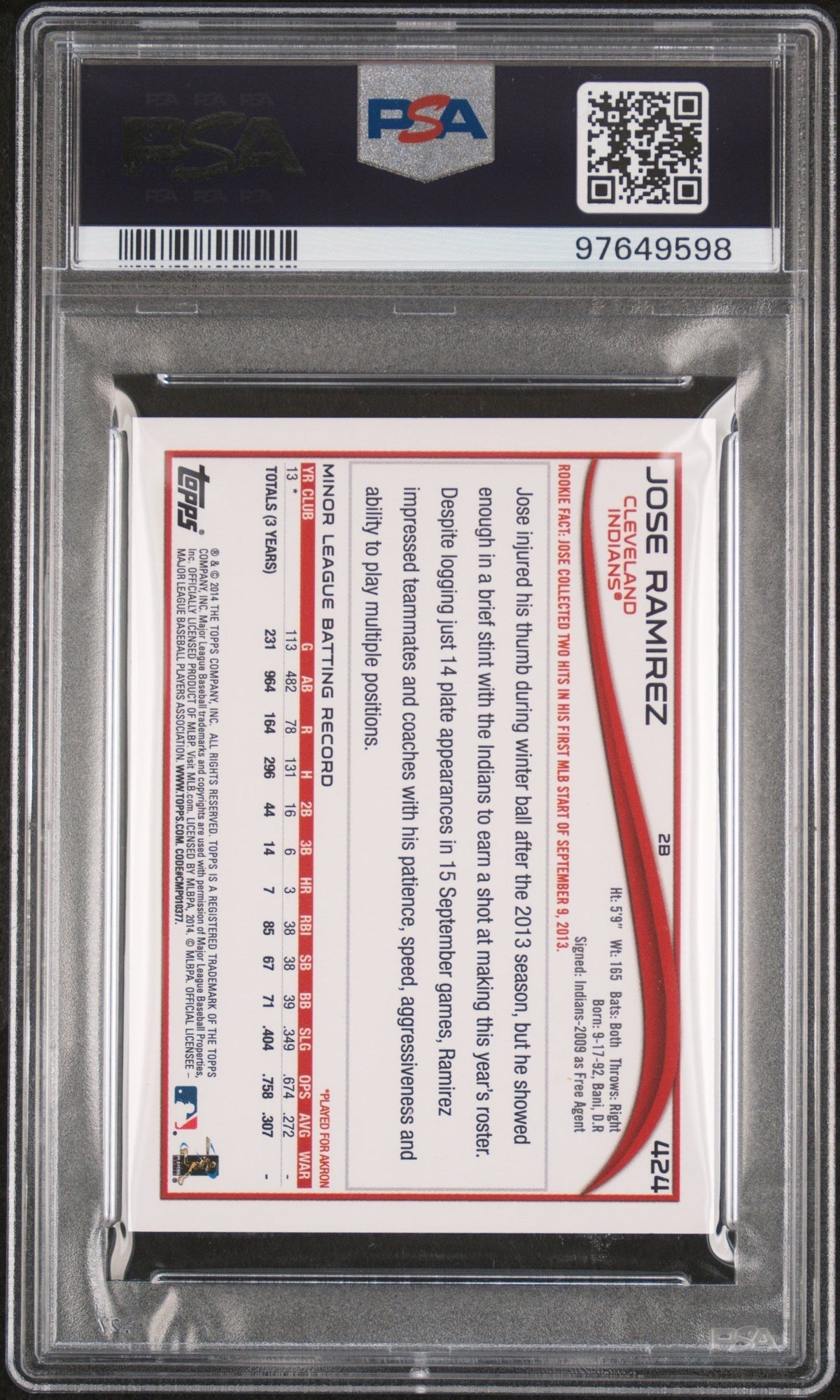 Graded 2014 Topps Jose Ramirez #424 Rookie RC Baseball Card PSA 10 Gem Mint
