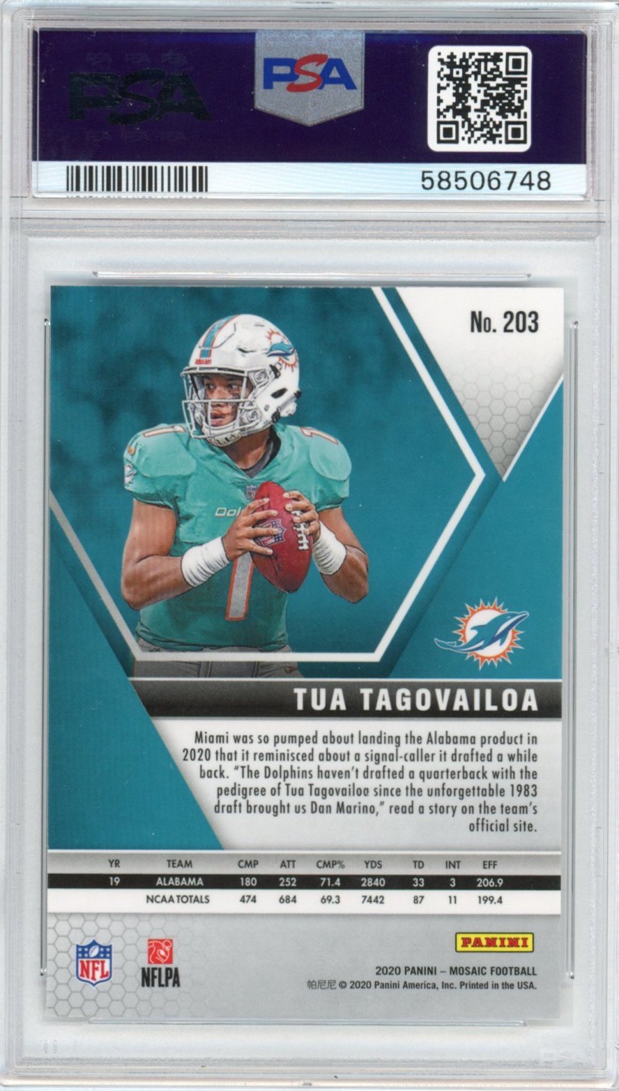 Graded 2020 Panini Mosaic Tua Tagovailoa #203 Rookie RC Football Card PSA 10 Gem Mint