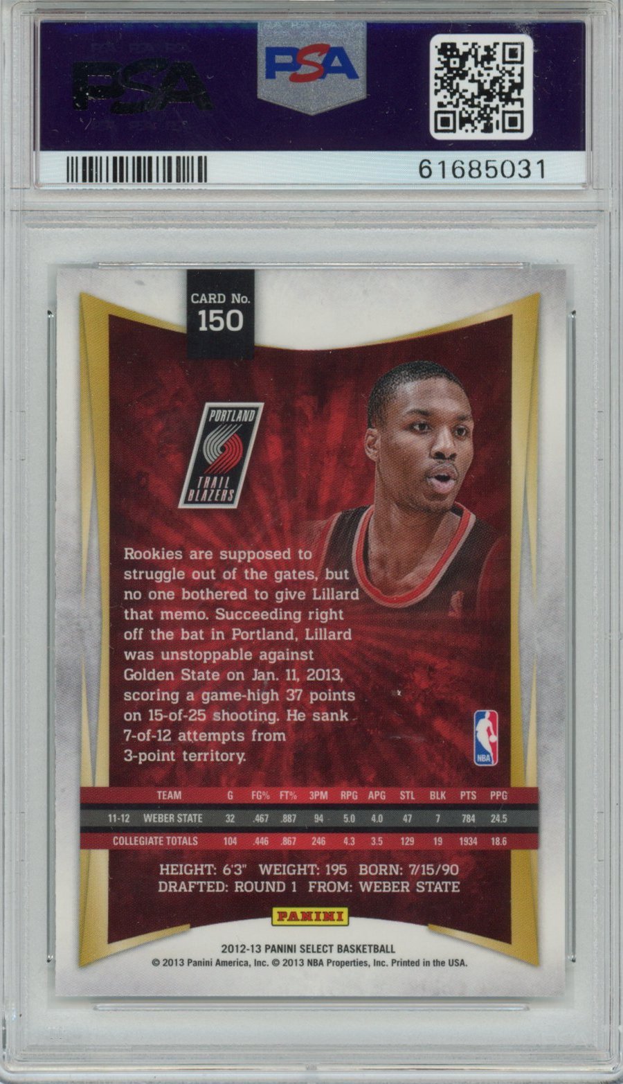 Graded 2012-13 Panini Select Damian Lillard #150 Rookie RC Basketball Card PSA 10 Gem Mint