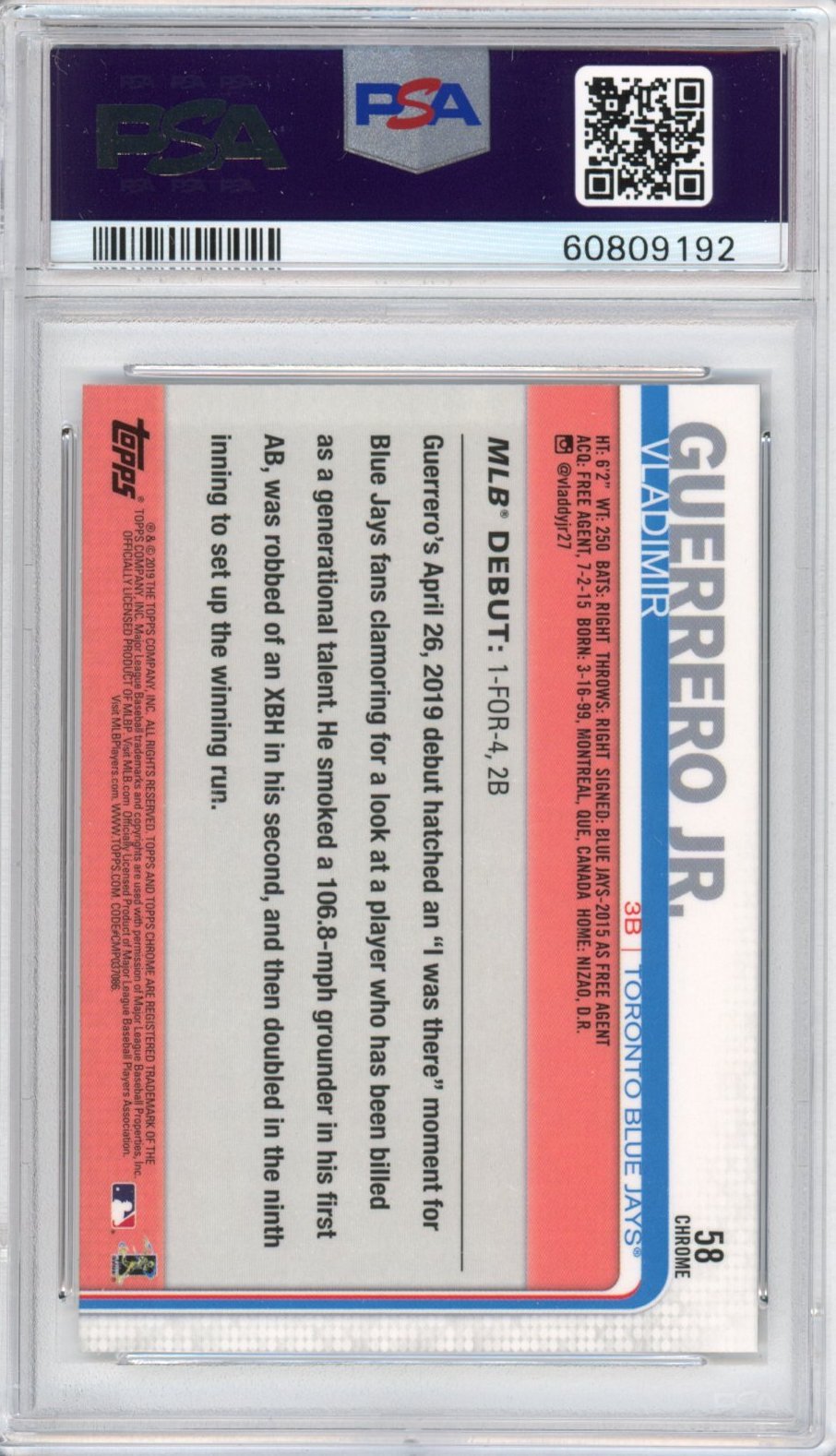 Graded 2019 Topps Chrome Update Vladimir Vlad Guerrero Jr. #58 Rookie RC Baseball Card PSA 10 Gem Mint