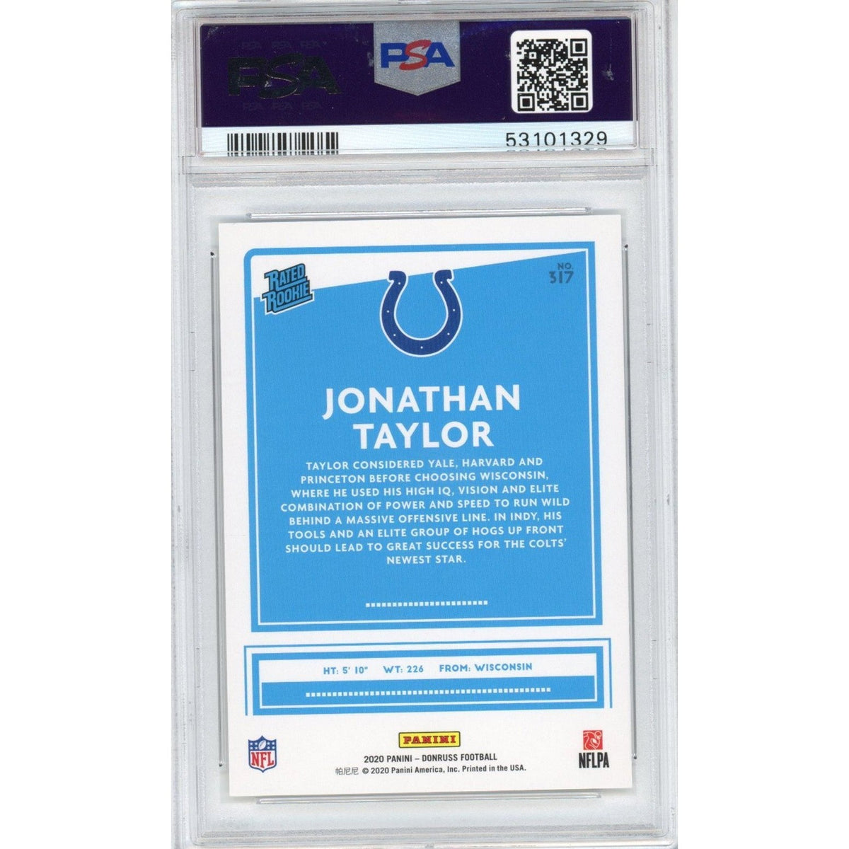 Graded 2020 Panini Donruss Jonathan Taylor #317 Rated Rookie RC Football Card PSA 10 Gem Mint