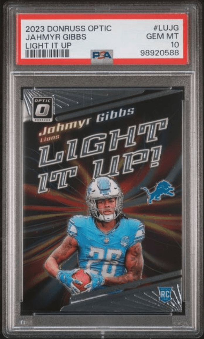 Graded 2023 Panini Donruss Optic Jahmyr Gibbs #LUJG Light It Up Rookie RC Football Card PSA 10 Gem Mint