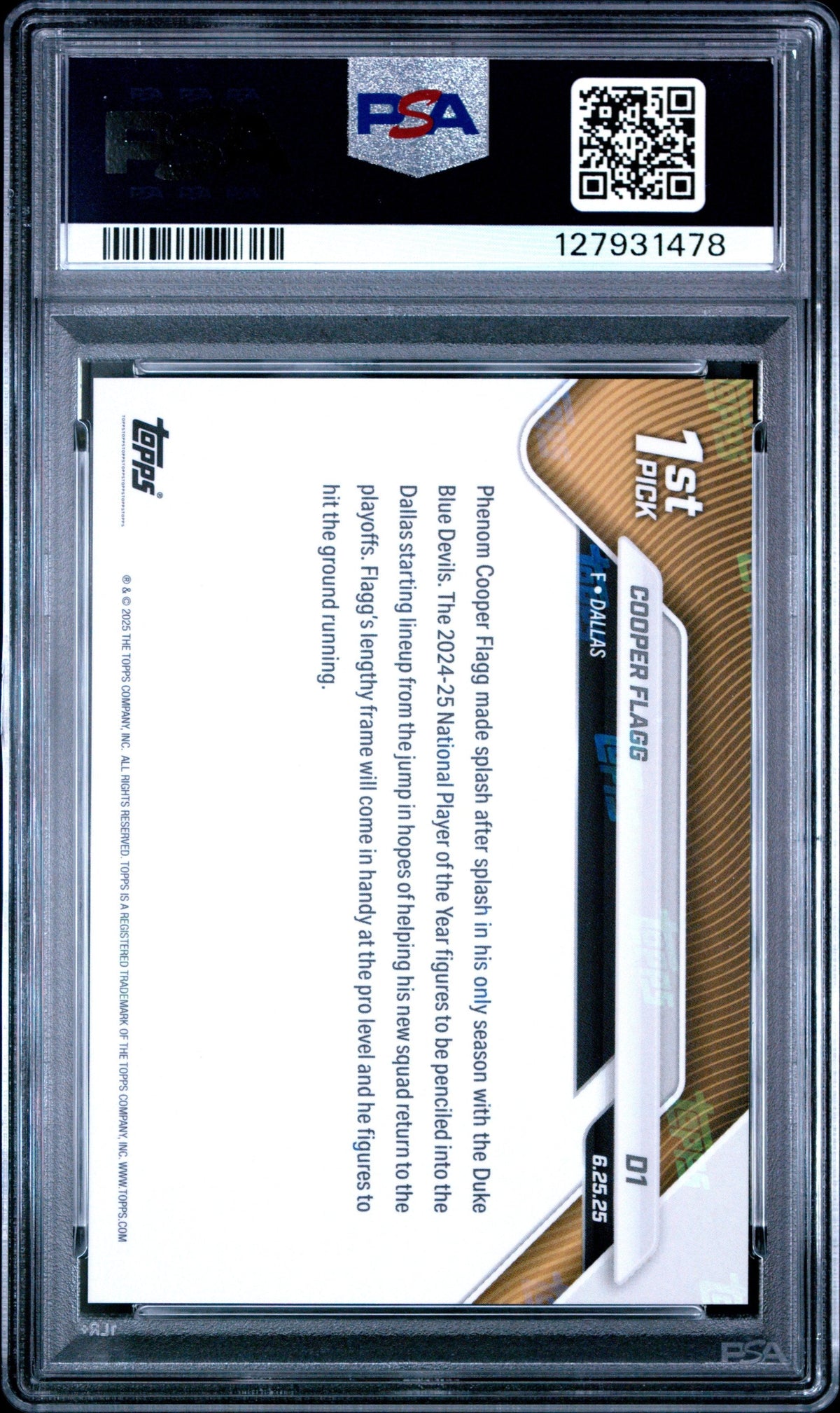 Graded 2025 Topps Now Cooper Flagg #D1 Draft Rookie RC Basketball Card PSA 9 Mint
