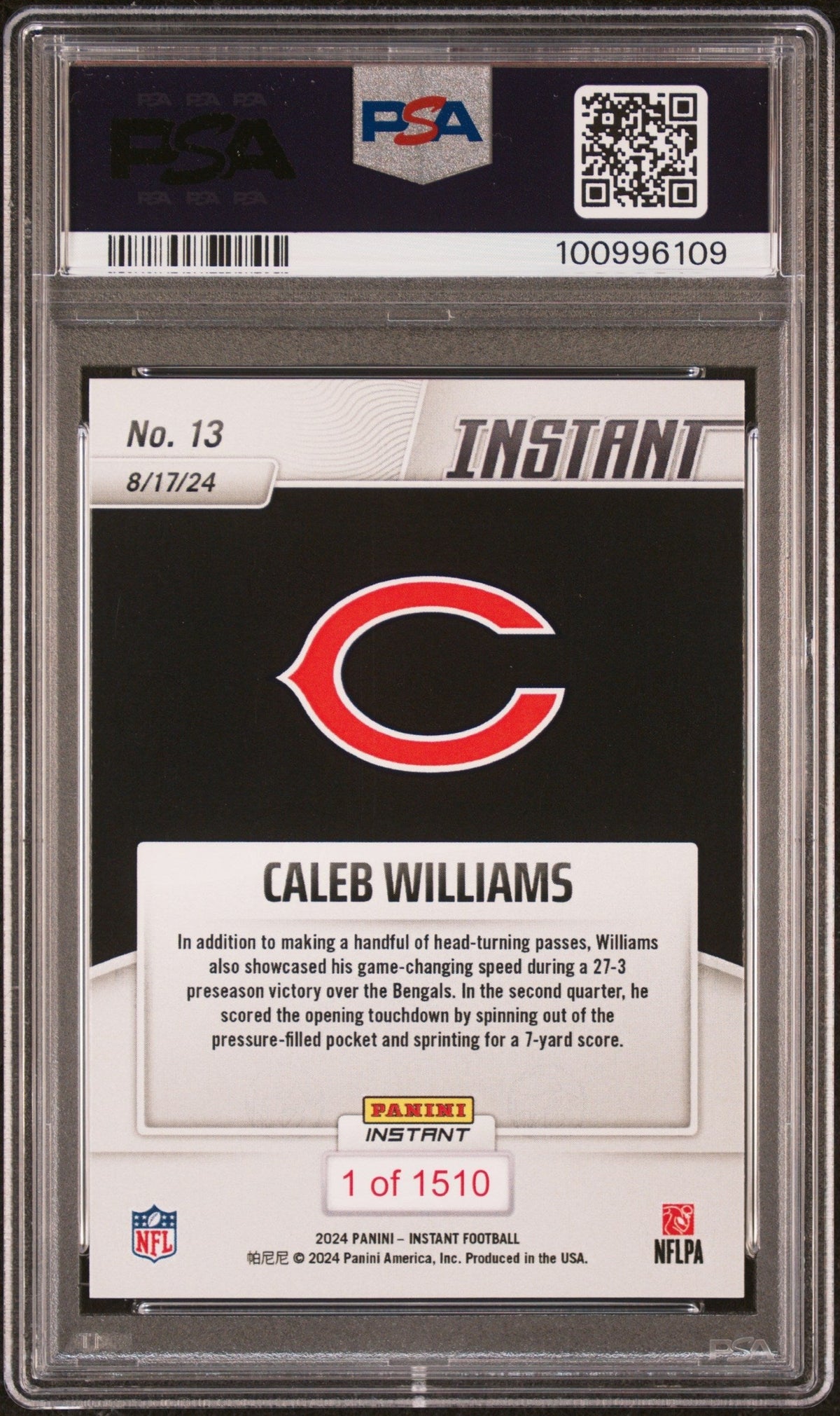 Graded 2024 Panini Instant NFL Caleb Williams #13 Rookie RC Football Card PSA 10 Gem Mint
