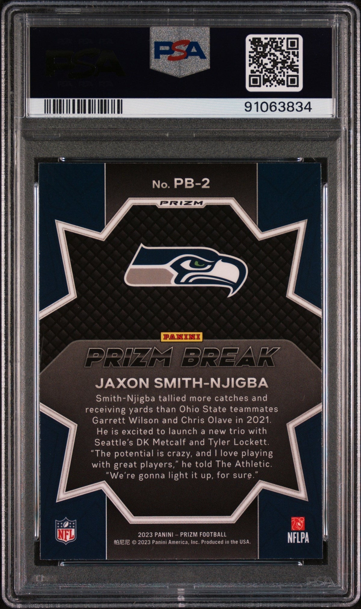 Graded 2023 Panini Prizm Jaxon Smith-Njigba #PB2 Prizm Break Green Rookie RC Football Card PSA 10 Gem Mint