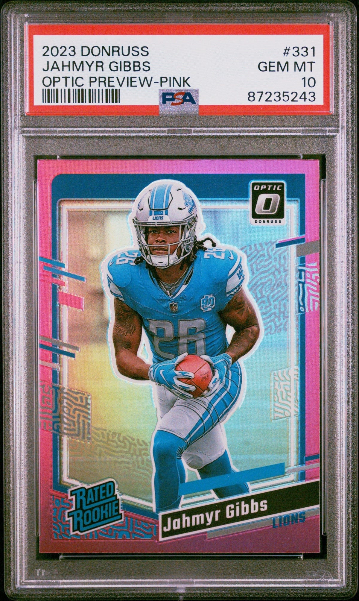 Graded 2023 Panini Donruss Jahmyr Gibbs #331 Optic Preview Pink Rookie RC Football Card PSA 10 Gem Mint