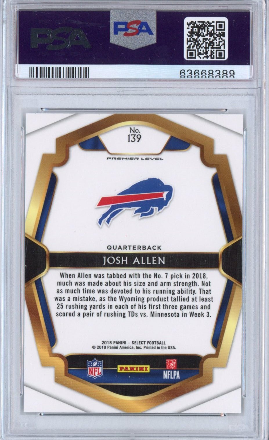 Graded 2018 Panini Select Josh Allen #139 Rookie RC Football Card PSA 10 Gem Mint