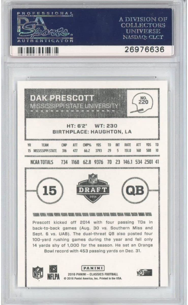 Graded 2016 Panini Classics Dak Prescott #220 Rookie RC Football Card PSA 10 Gem Mint