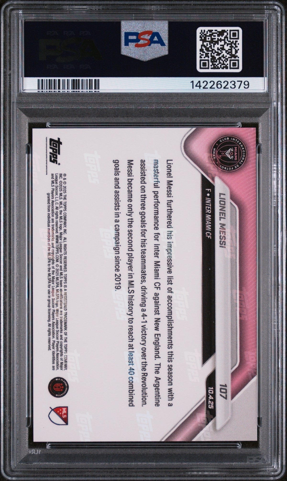 Graded 2025 Topps Now MLS Lionel Messi #107 Trio of Assists Adds to Historic Campaign Soccer Card PSA 9 Mint