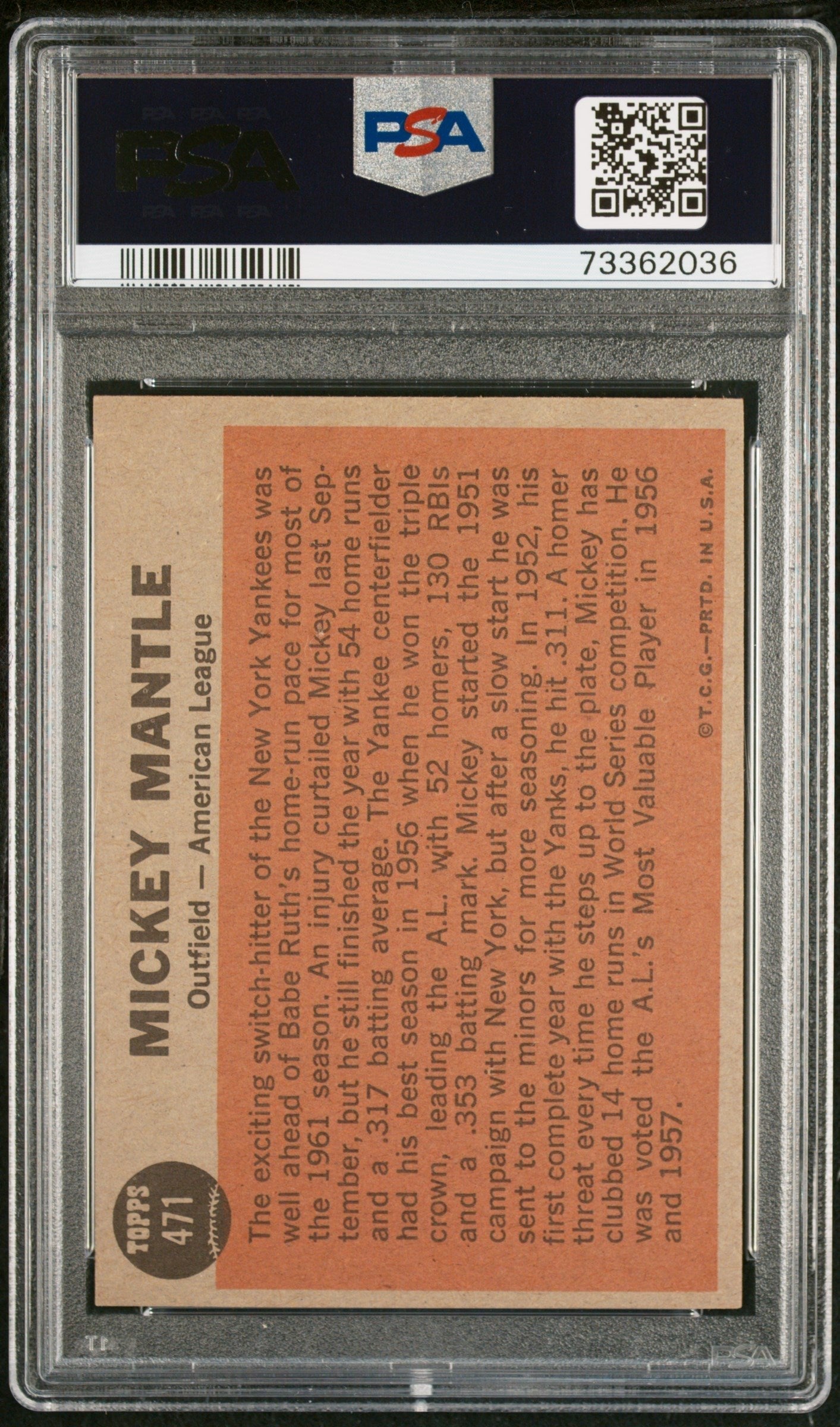 Graded 1962 Topps All Star Mickey Mantle #471 Baseball Card PSA 4 VG-EX