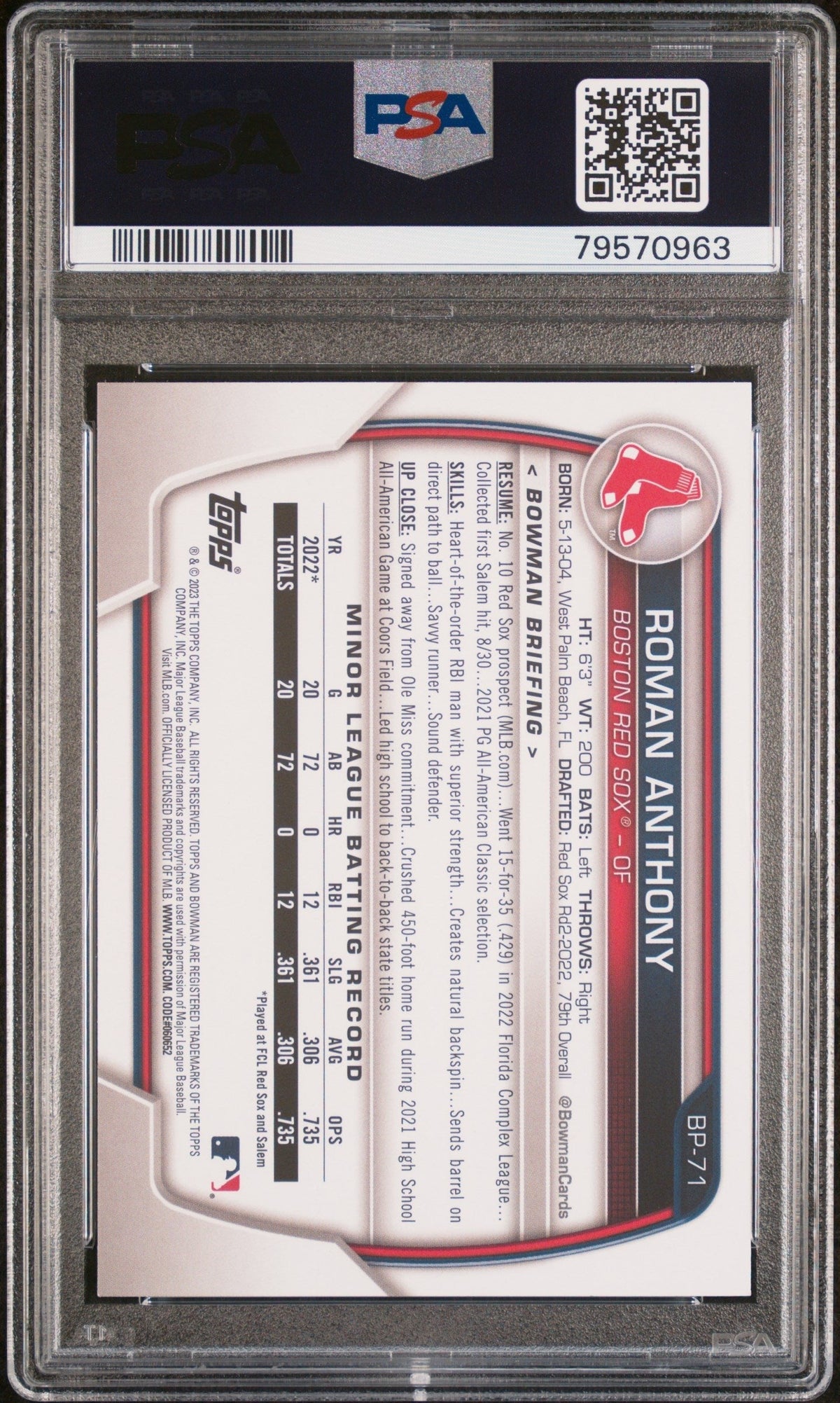 Graded 2023 Topps Bowman Roman Anthony #BP71 Paper Prospects Rookie RC Baseball Card PSA 10 Gem Mint