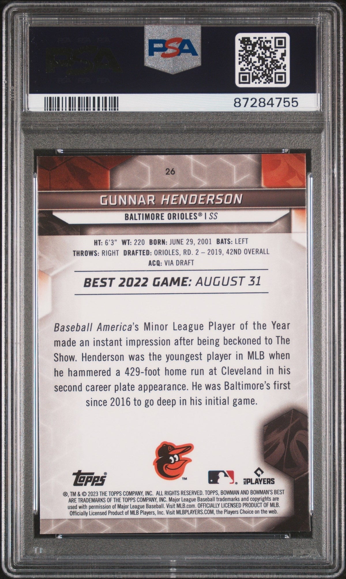 Graded 2023 Topps Bowmans Best Gunnar Henderson #26 Rookie RC Baseball Card PSA 10 Gem Mint