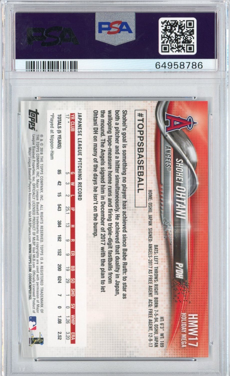 Graded 2018 Topps Holiday Shohei Ohtani #17 Rookie RC Baseball Card PSA 10 Gem Mint