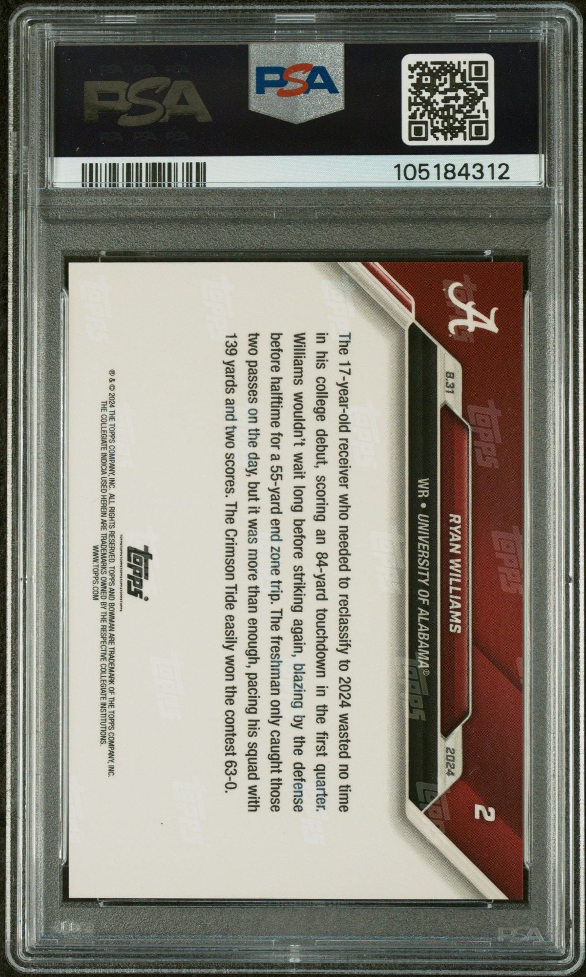 Graded 2024 Topps Bowman U Now Ryan Williams #2 Purple /25 Rookie RC Football Card PSA 10 Auto Grade Gem Mint