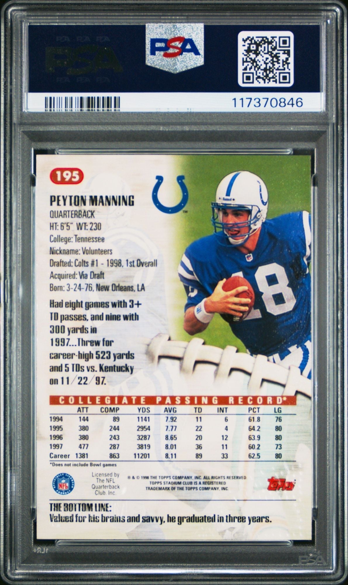 Graded 1998 Stadium Club Peyton Manning #195 Rookie RC Football Card PSA 10 Gem Mint