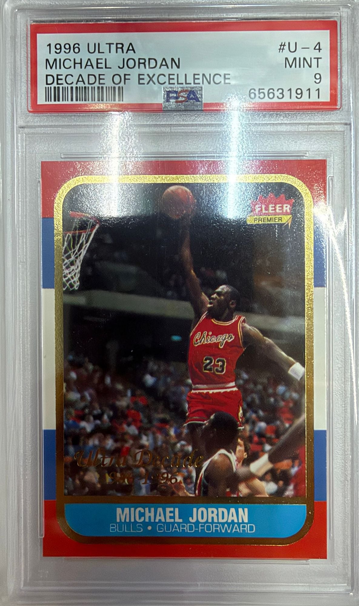 Graded 1996 Fleer Ultra Michael Jordan #U4 Decade of Excellence Rookie Reprint Basketball Card PSA 9 Mint