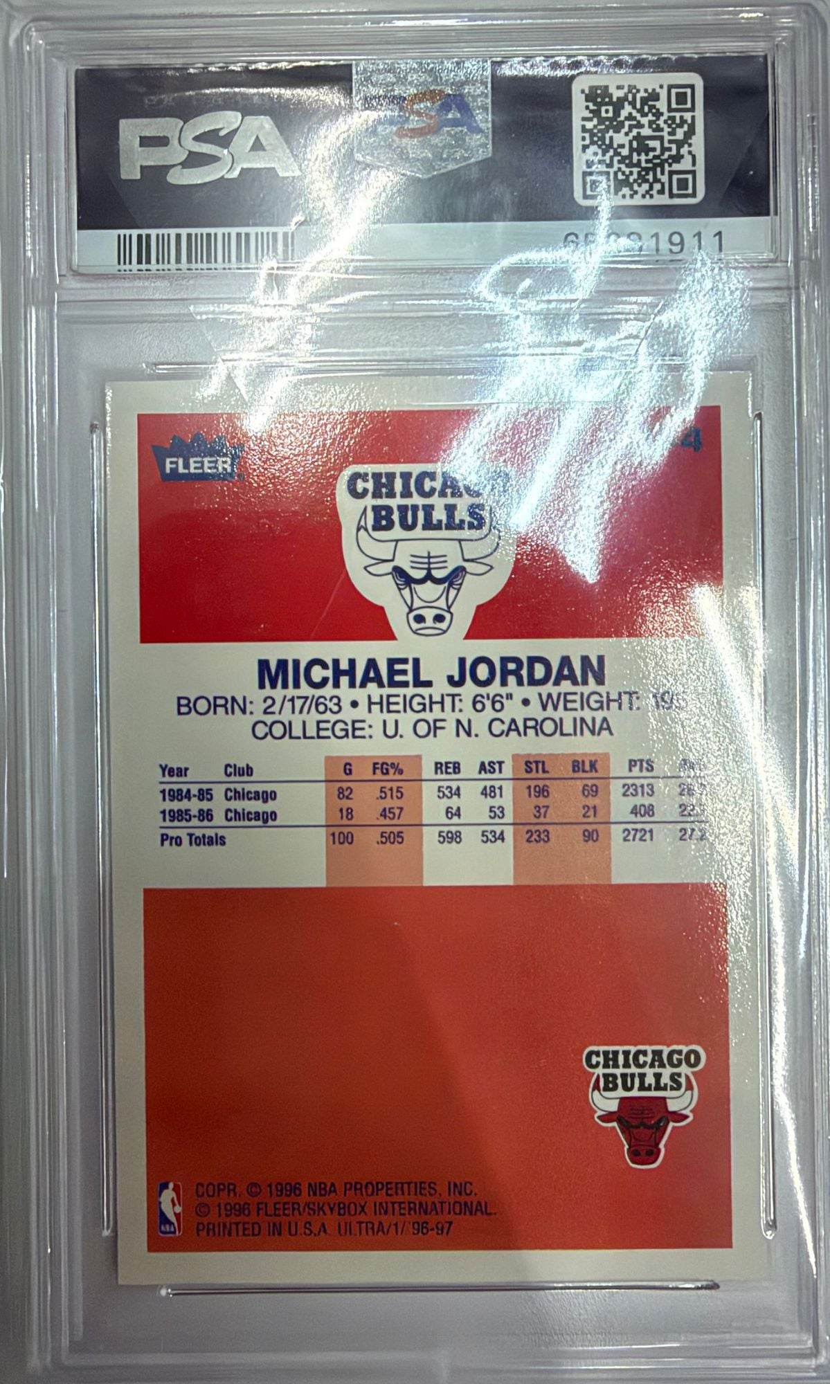 Graded 1996 Fleer Ultra Michael Jordan #U4 Decade of Excellence Rookie Reprint Basketball Card PSA 9 Mint