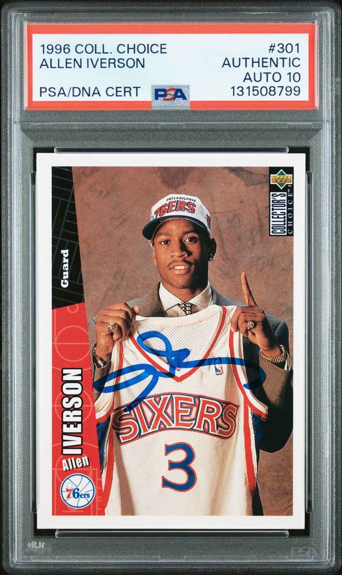 Graded 1996 Upper Deck UD Collector's Choice Allen Iverson #301 Rookie RC Basketball Card PSA 10 Auto Grade Gem Mint