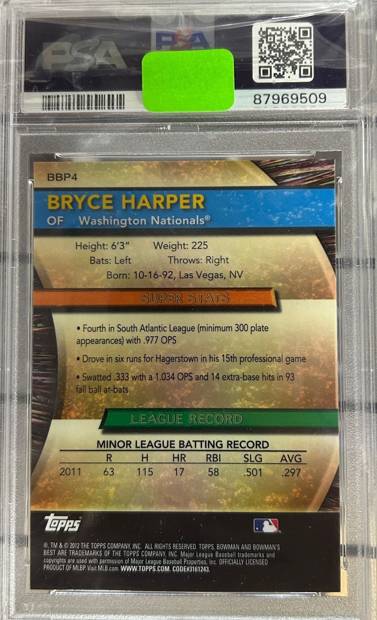 Graded 2012 Topps Bowmans Best Bryce Harper #BBP4 Prospects Rookie RC Baseball Card PSA 10 Gem Mint