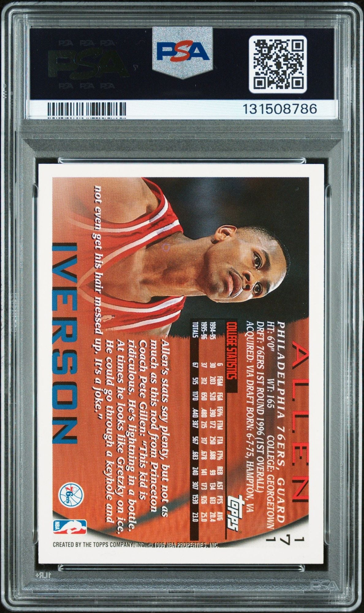 Graded 1996 Topps Allen Iverson #171 Rookie RC Basketball Card PSA 10 Auto Grade Gem Mint