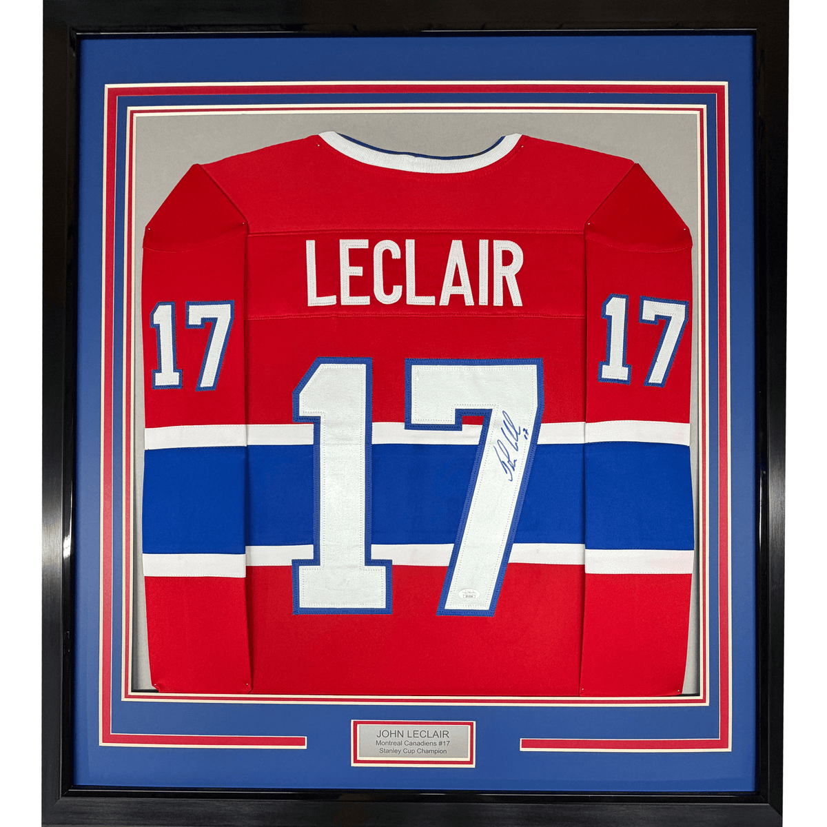 Framed Autographed/Signed John LeClair 35x39 Montreal Red Hockey Jersey JSA COA