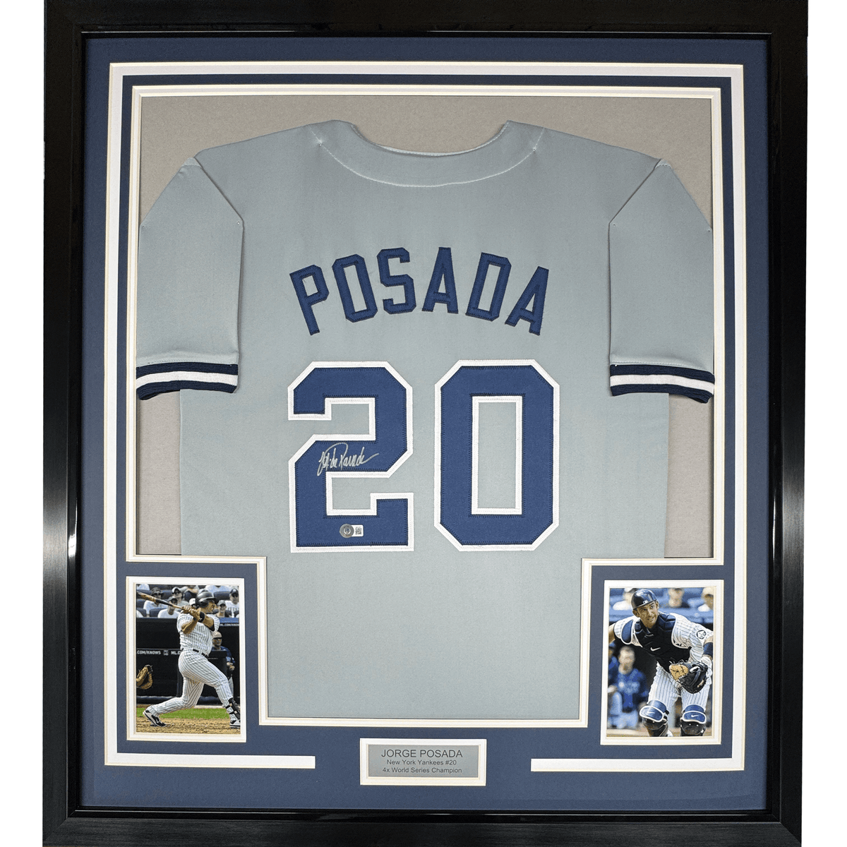 Framed Autographed/Signed Jorge Posada 35x39 New York Grey Baseball Jersey Beckett BAS COA