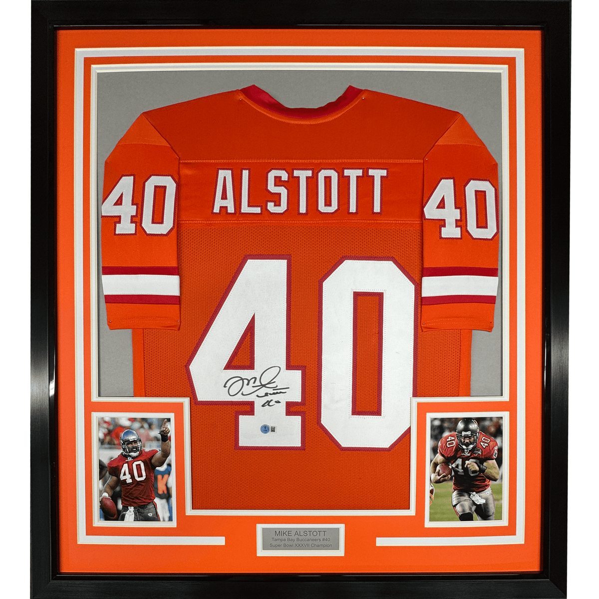 Framed Autographed/Signed Mike Alstott 35x39 Tampa Bay Orange Creamsicle Football Jersey Beckett BAS COA