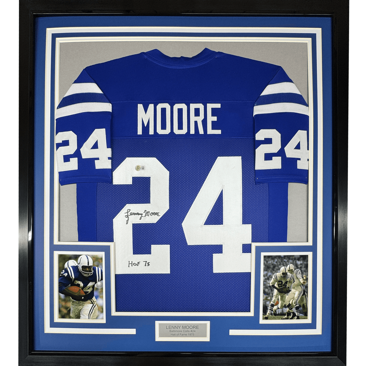 Framed Autographed/Signed Lenny Moore 35x39 HOF 75 Baltimore Blue Football Jersey JSA COA