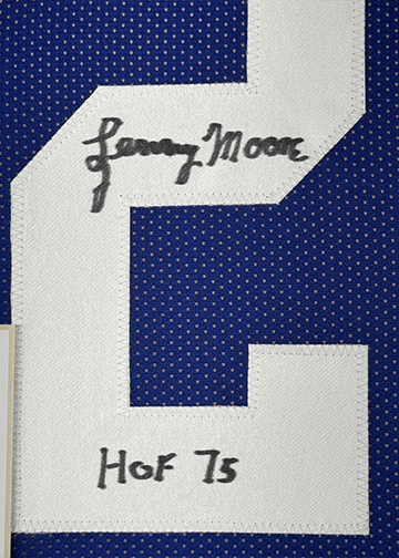 Framed Autographed/Signed Lenny Moore 35x39 HOF 75 Baltimore Blue Football Jersey JSA COA