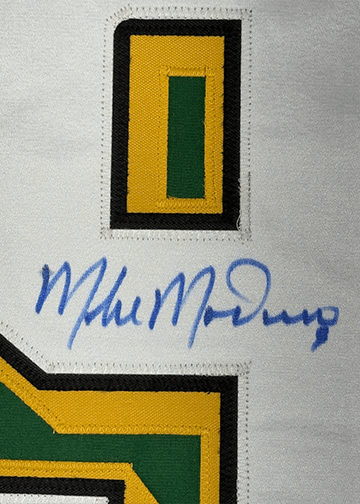 Framed Autographed/Signed Mike Modano HOF 2014 35x39 Minnesota Green Hockey Jersey Beckett BAS COA
