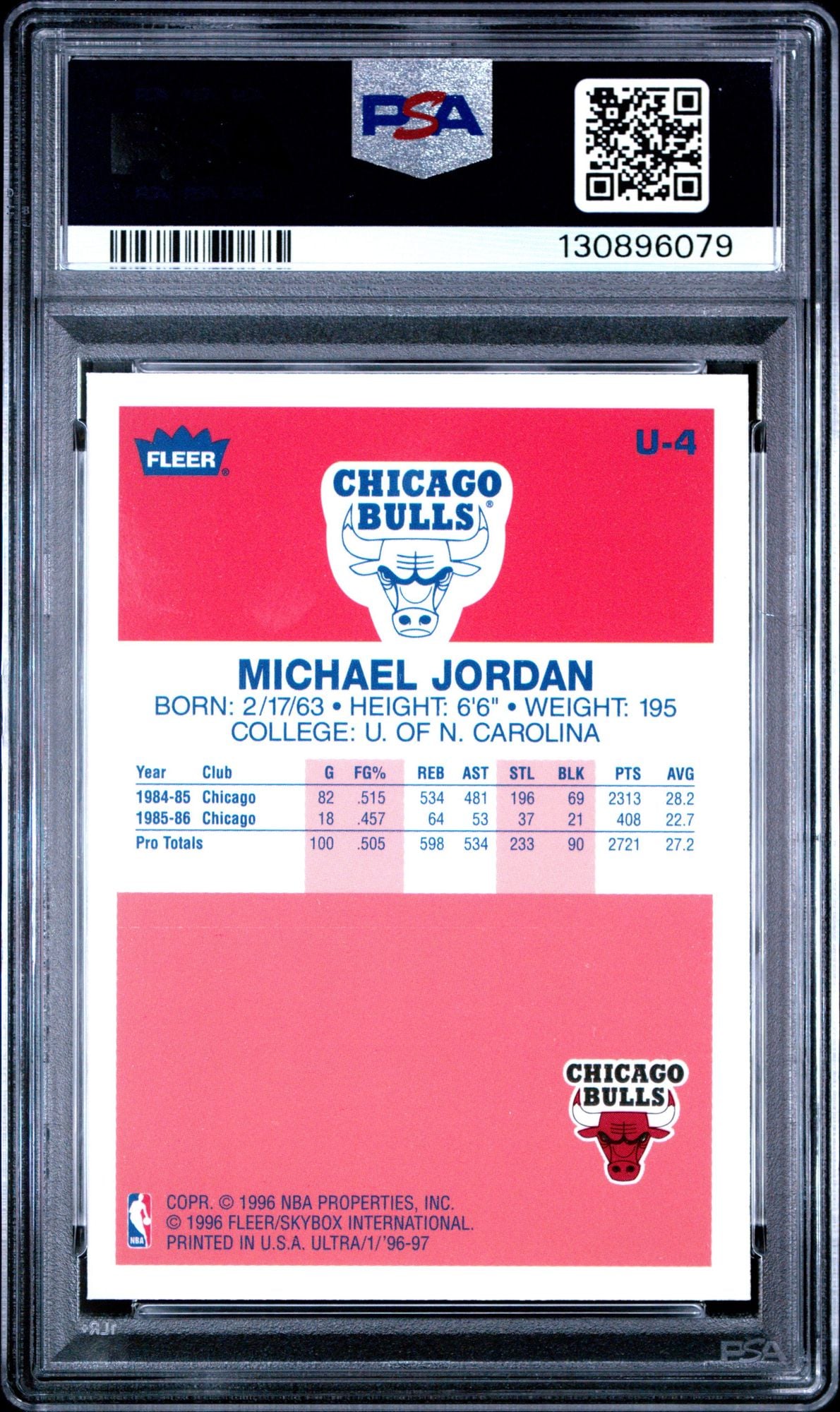 Graded 1996 Fleer Ultra Michael Jordan #U4 Decade of Excellence Rookie Reprint Basketball Card PSA 9 Mint