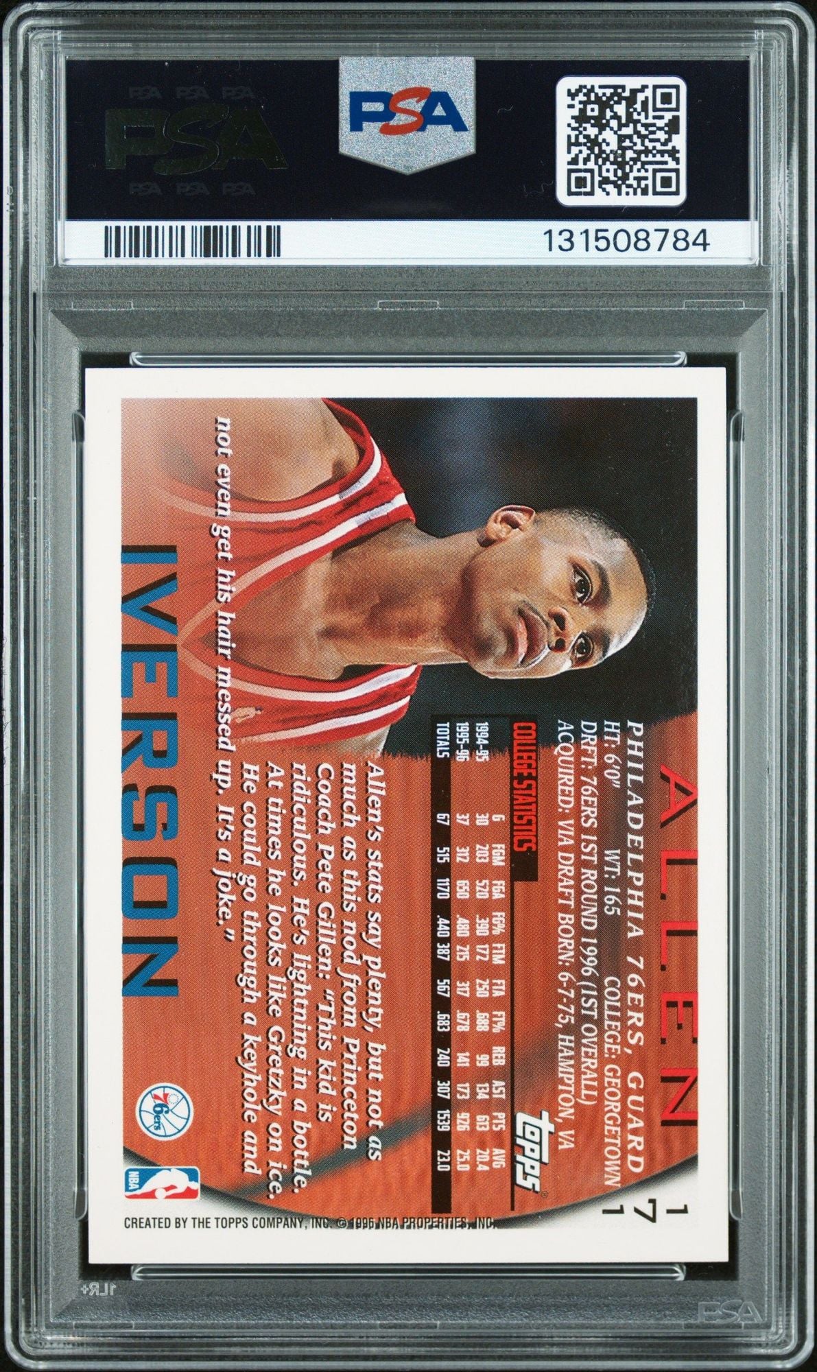 Graded 1996 Topps Allen Iverson #171 Rookie RC Basketball Card PSA 10 Auto Grade Gem Mint