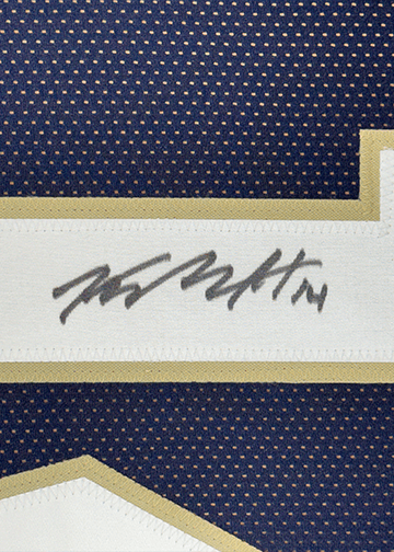 Framed Autographed/Signed Kyle Hamilton 35x39 Notre Dame Blue College Football Jersey Beckett BAS COA