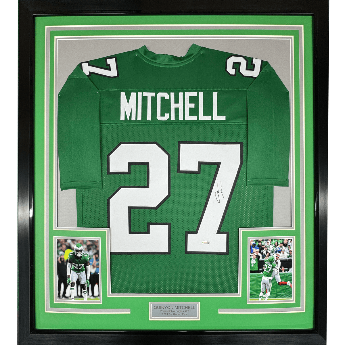 Framed Autographed/Signed Quinyon Mitchell 35x39 Philadelphia Kelly Green Football Jersey JSA COA