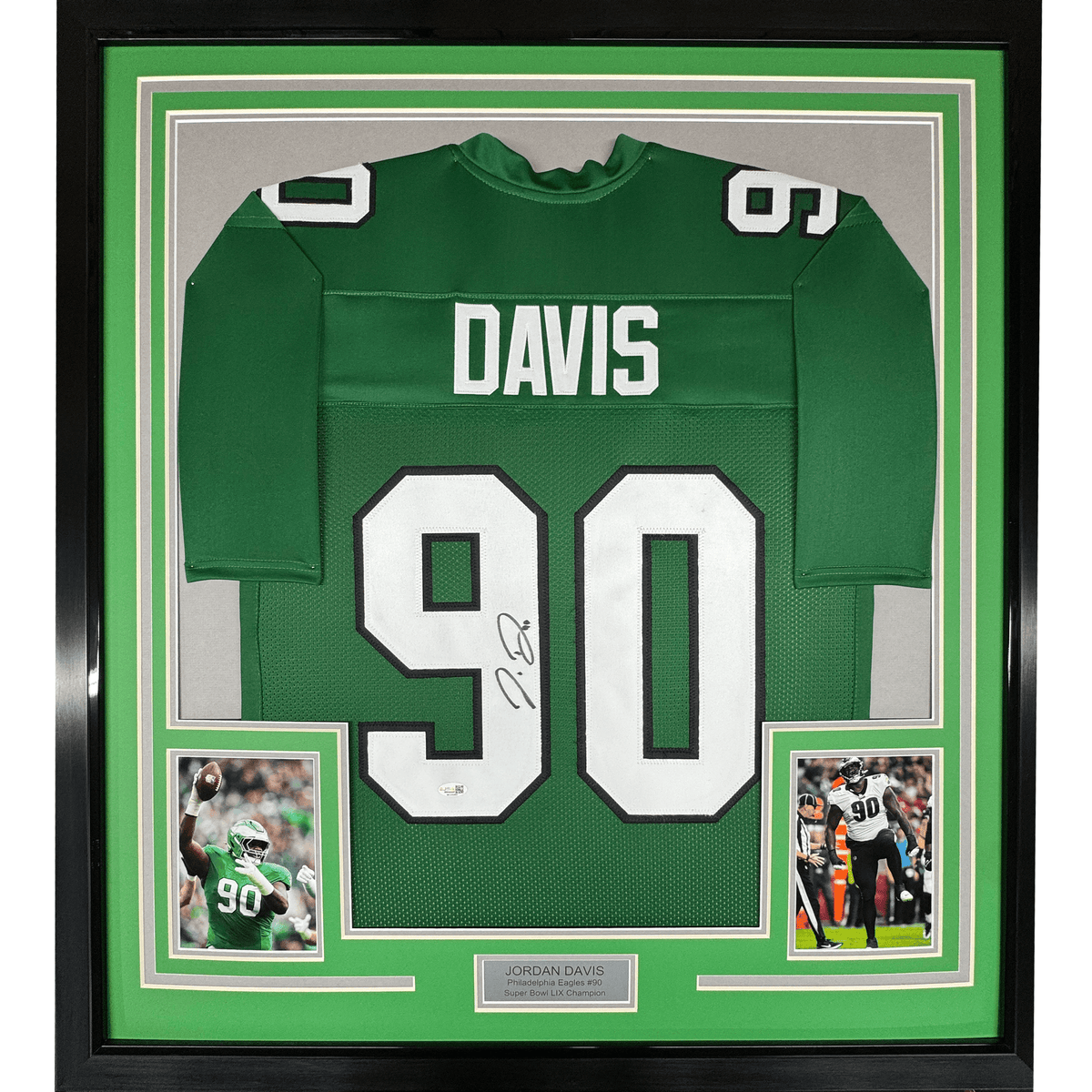 Framed Autographed/Signed Jordan Davis 35x39 Philadelphia Kelly Green Football Jersey Beckett BAS COA