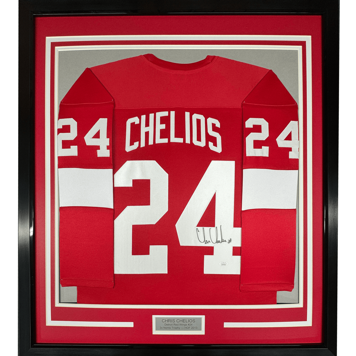 Framed Autographed/Signed Chris Chelios 35x39 Detroit Red Hockey Jersey JSA COA