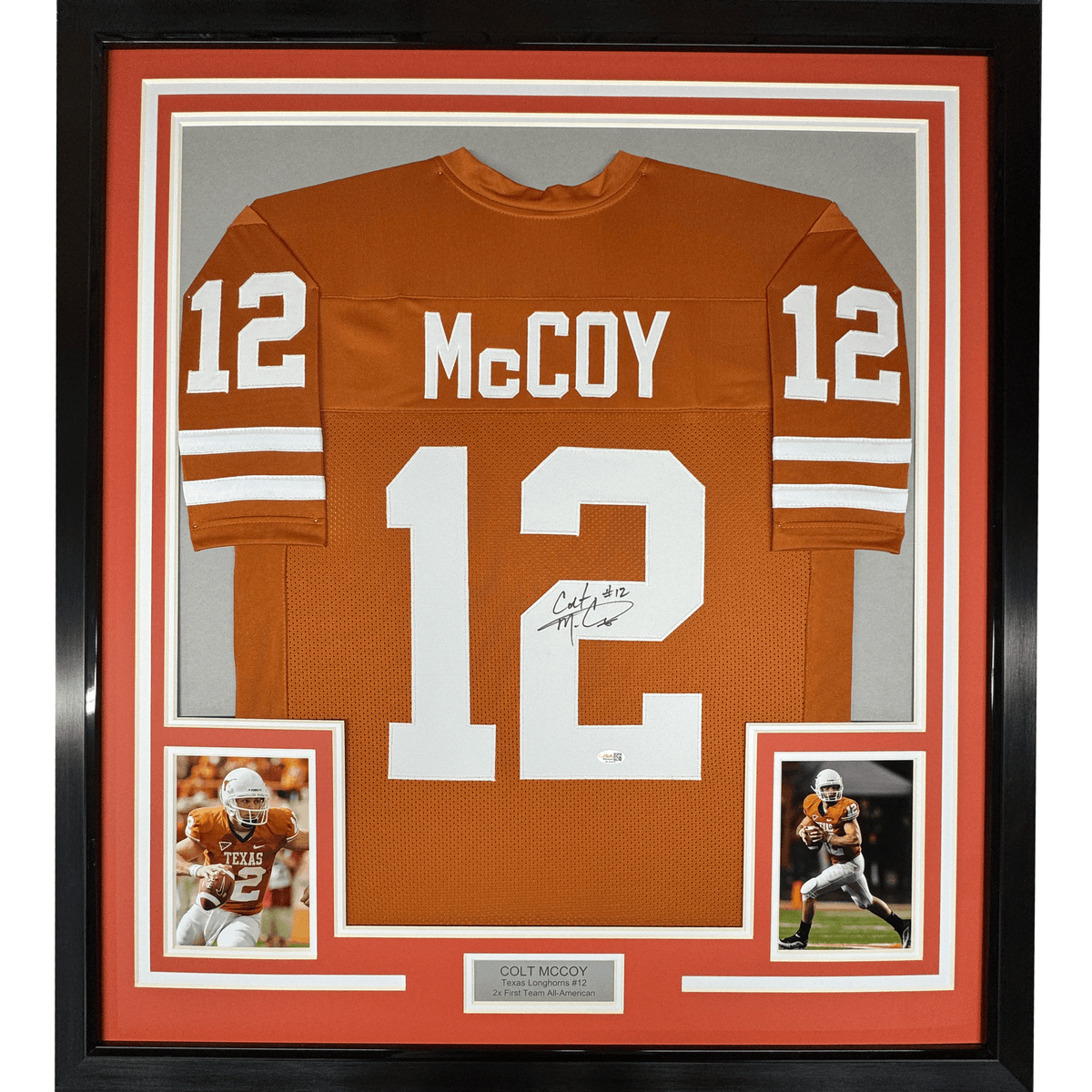 Framed Autographed/Signed Colt McCoy 35x39 Texas Longhorns Orange College Football Jersey JSA COA
