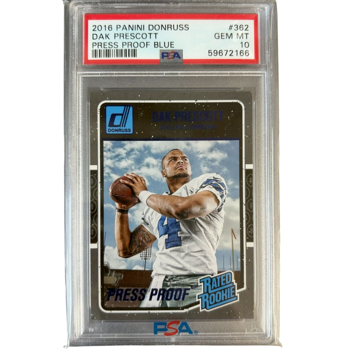 Graded 2016 Panini Donruss Dak Prescott #362 Press Proof Blue Rookie RC Football Card PSA 10 Gem Mint