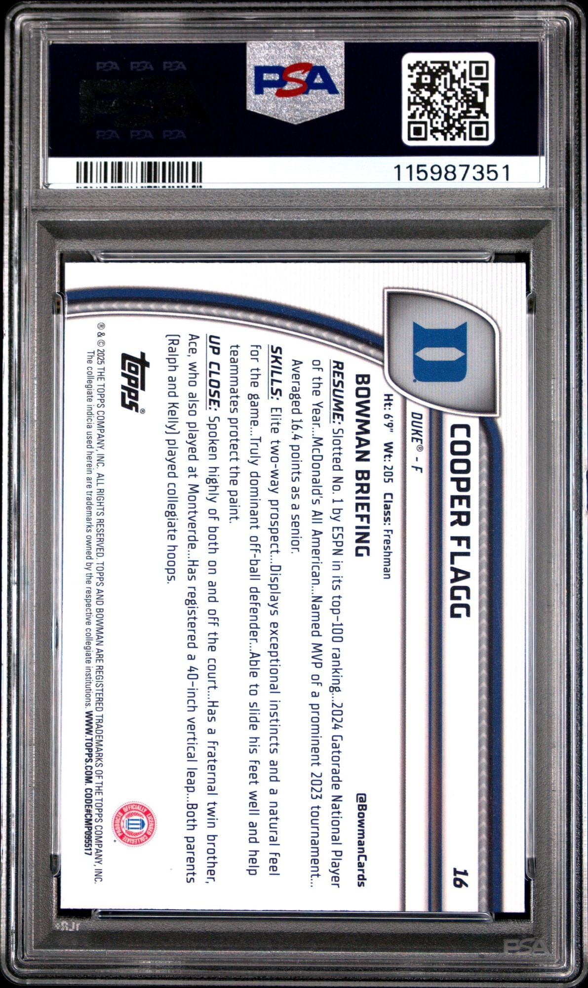 Graded 2024 Topps Bowman Chrome U Cooper Flagg #16 Black Wave Rookie RC Basketball Card PSA 10 Gem Mint