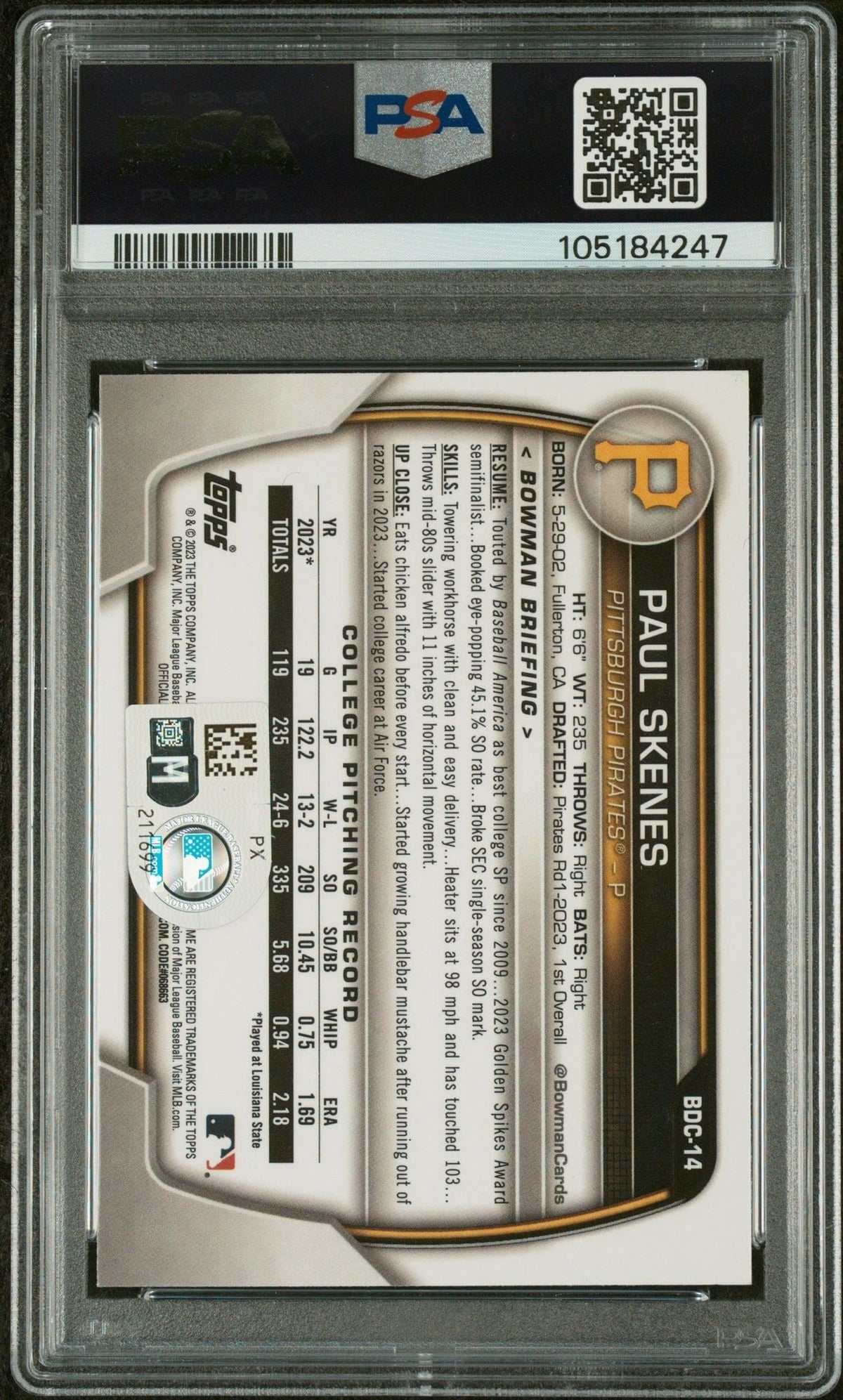 Graded 2023 Topps Bowman Draft Paul Skenes #BDC14 Chrome Rookie RC Baseball Card PSA 10 Auto Grade Gem Mint