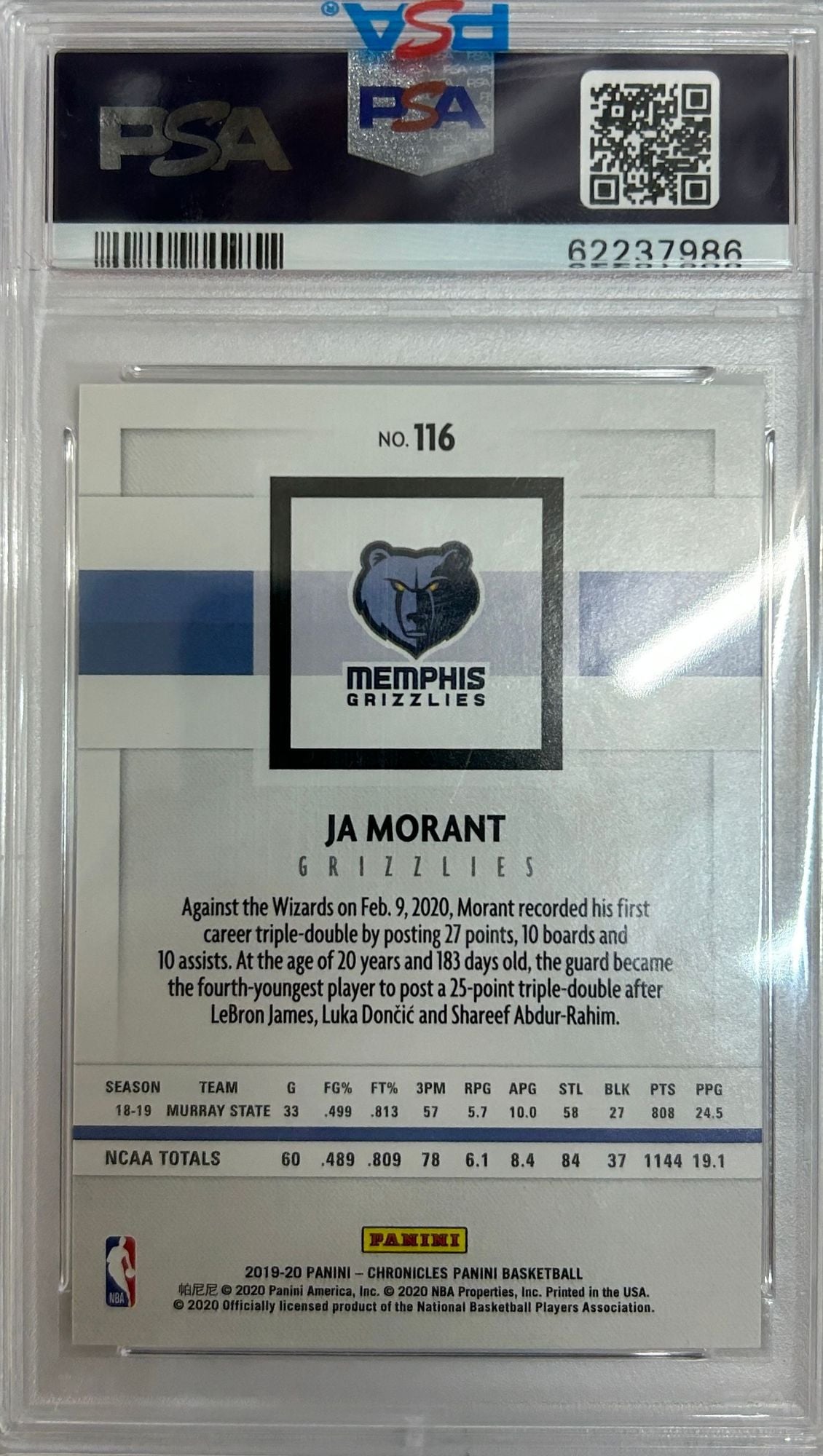 Graded 2019-20 Panini Chronicles Ja Morant #116 Young Dolph Rookie RC Basketball Card PSA 10 Gem Mint