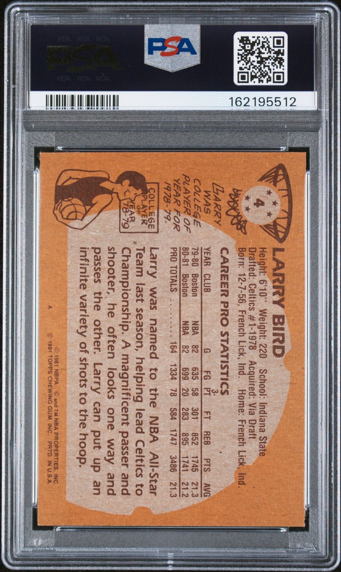 Graded 1981 Topps Larry Bird #4 2nd Year Basketball Card PSA 8 NM-MT