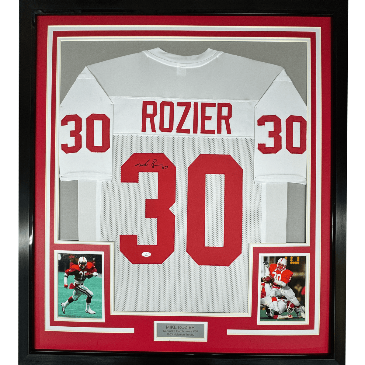 Framed Autographed/Signed Mike Rozier 35x39 Nebraska White College Football Jersey JSA COA