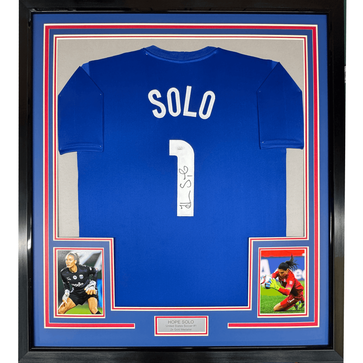 Framed Autographed/Signed Hope Solo 35x39 United States USA Blue Soccer Jersey JSA COA