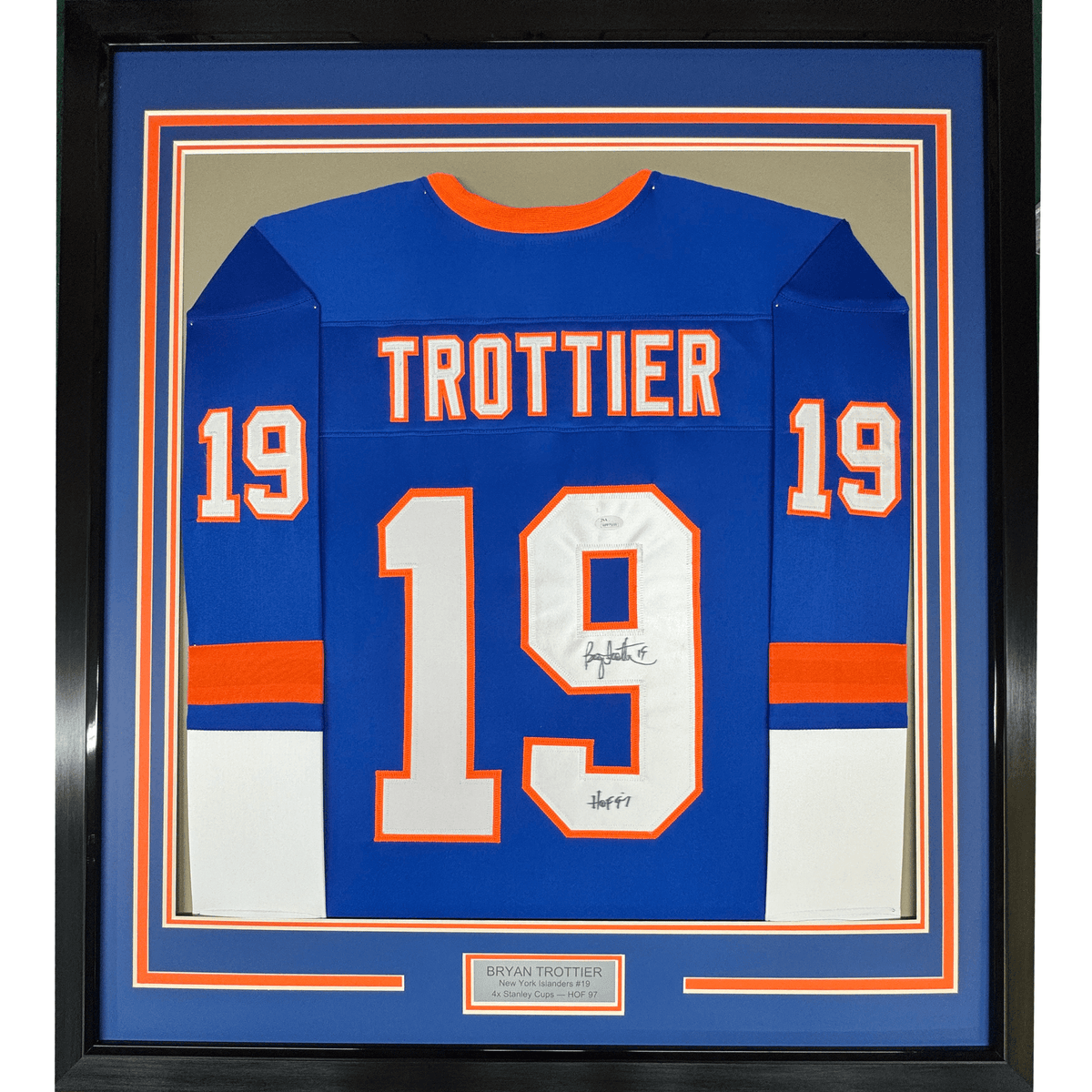 Framed Autographed/Signed Bryan Trottier HOF 97 35x39 New York Blue Hockey Jersey JSA COA