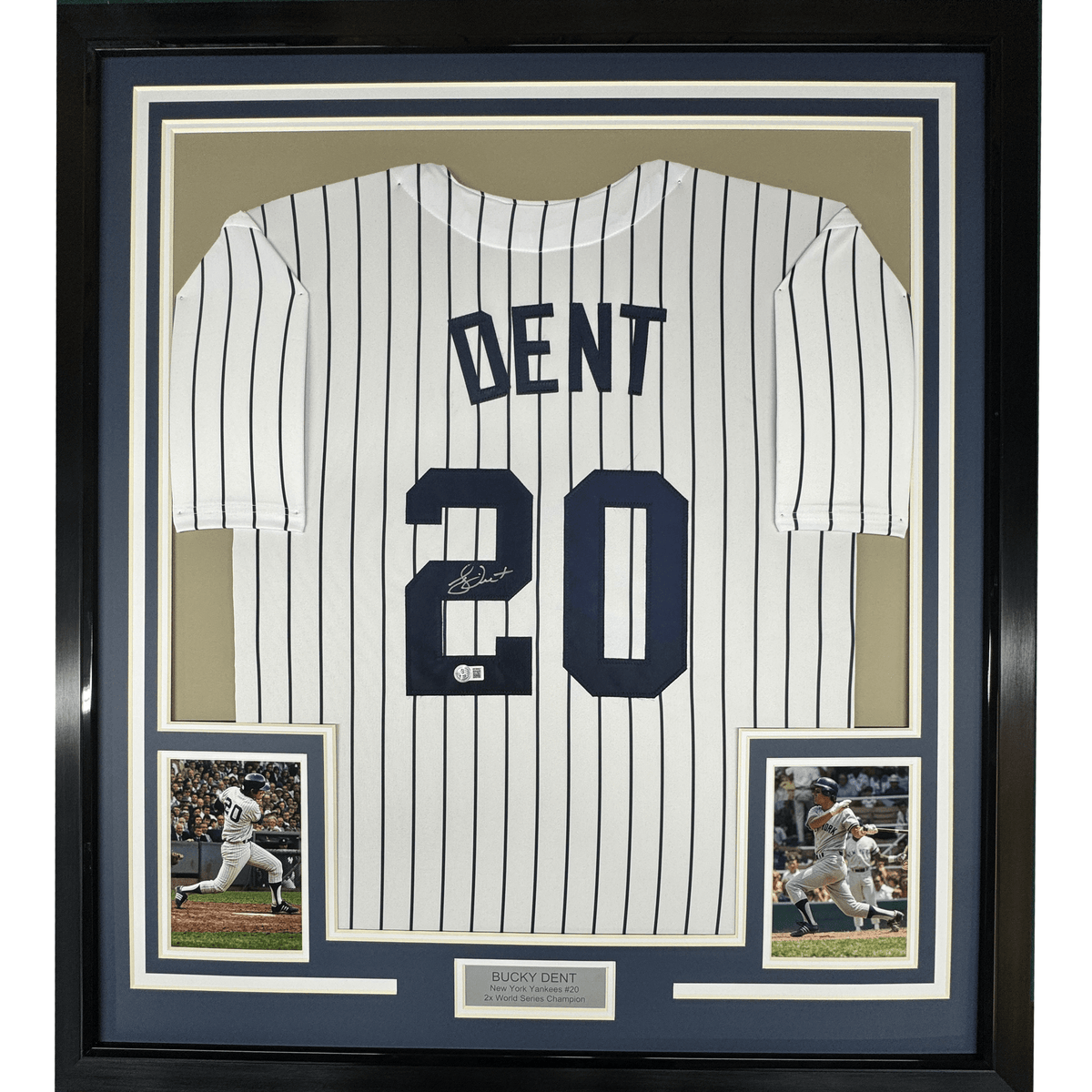 Framed Autographed/Signed Bucky Dent 35x39 New York Pinstripe Baseball Jersey Beckett BAS COA