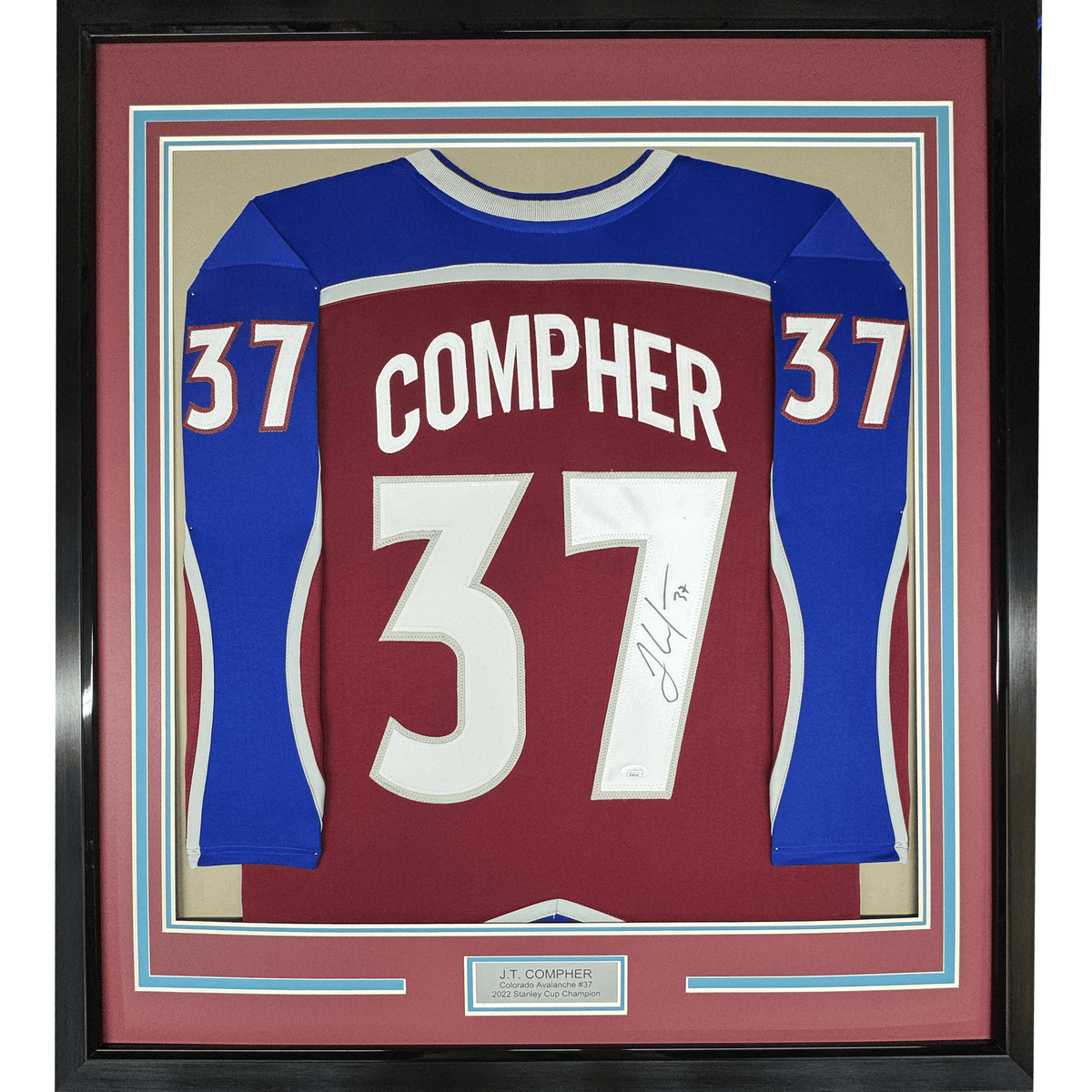 Framed Autographed/Signed JT J.T. Compher 35x39 Colorado Maroon Hockey Jersey PSA/DNA COA