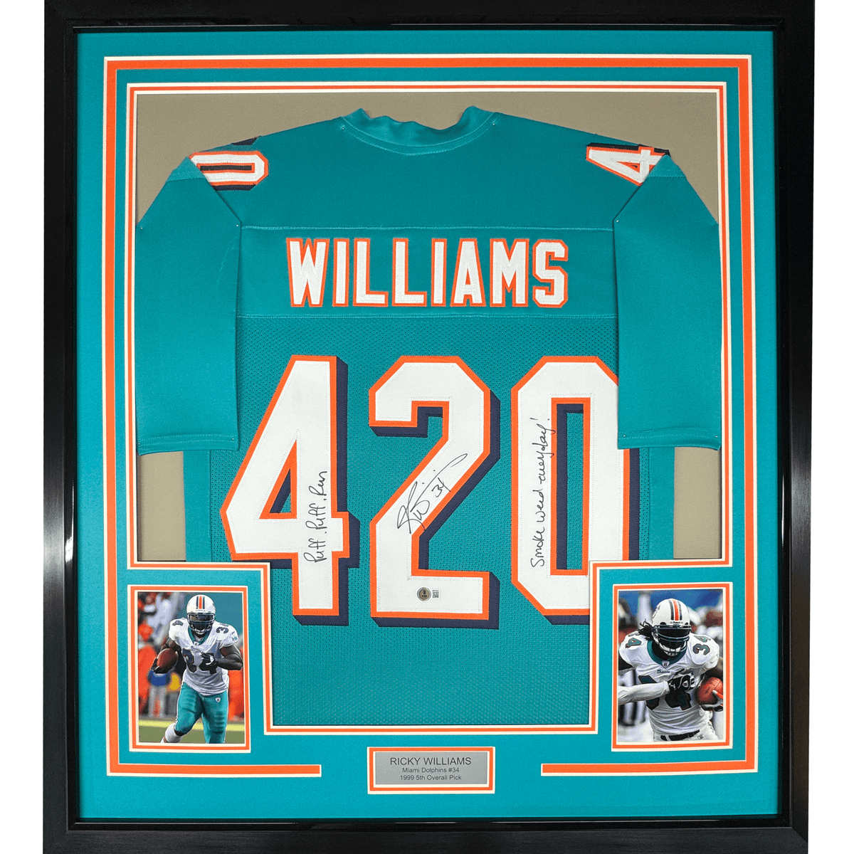 Framed Autographed/Signed Ricky Williams 35x39 Smoke Weed Everyday Puff Puff Run #420 Inscribed Miami Teal Football Jersey Beckett BAS COA