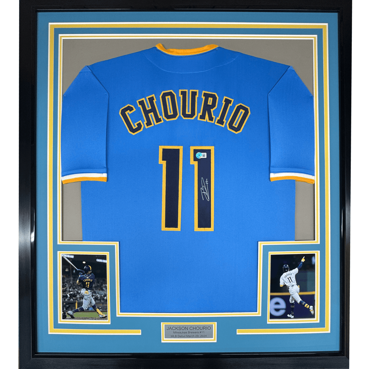 Framed Autographed/Signed Jackson Chourio 35x39 Milwaukee Blue Baseball Jersey Beckett BAS COA