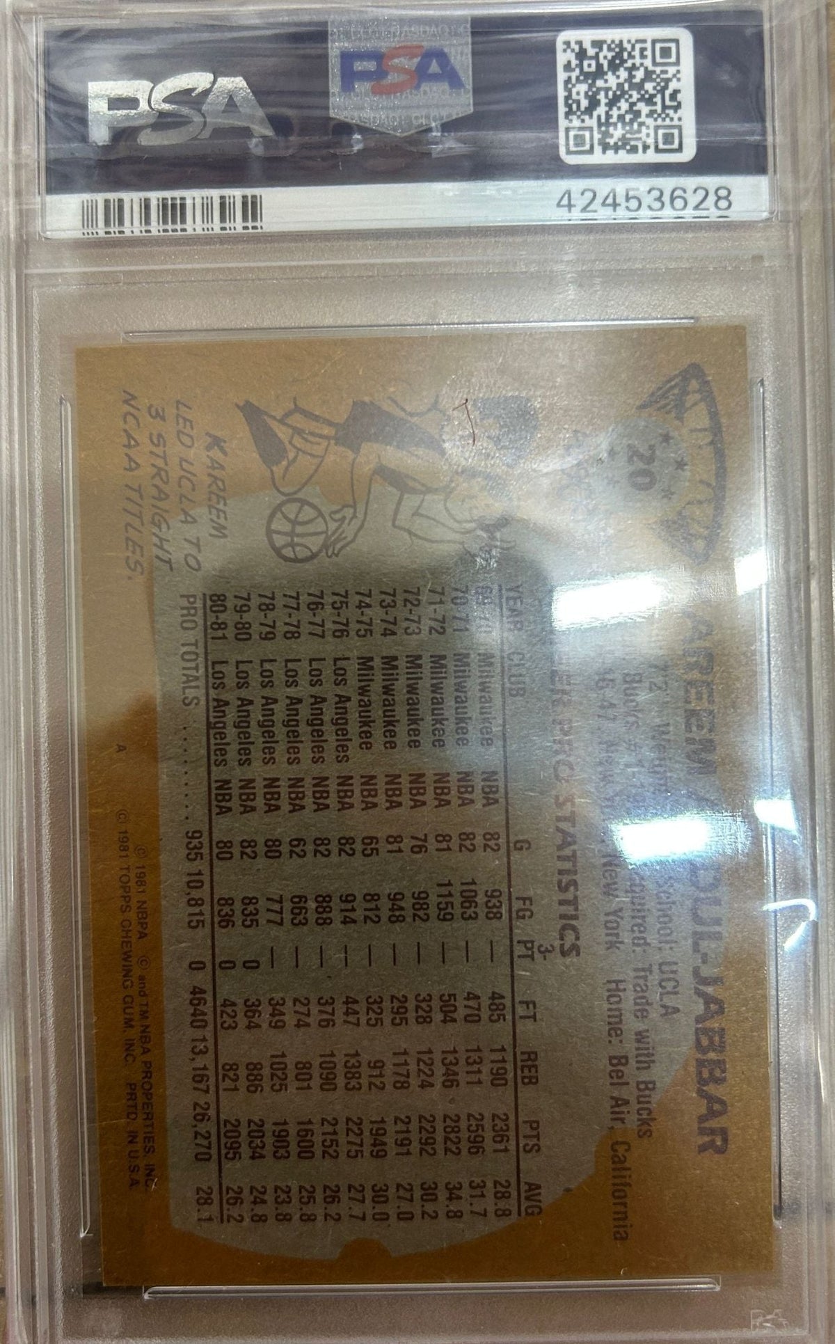 Graded 1981 Topps Kareem Abdul-Jabbar #20 Basketball Card PSA 9 Mint